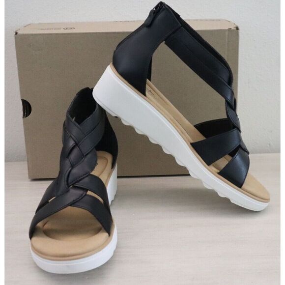 Collection x Clarks Wmn Sz 11 M Black Leather Jillian Bright Strappy Wedge Heels - Picture 2 of 12